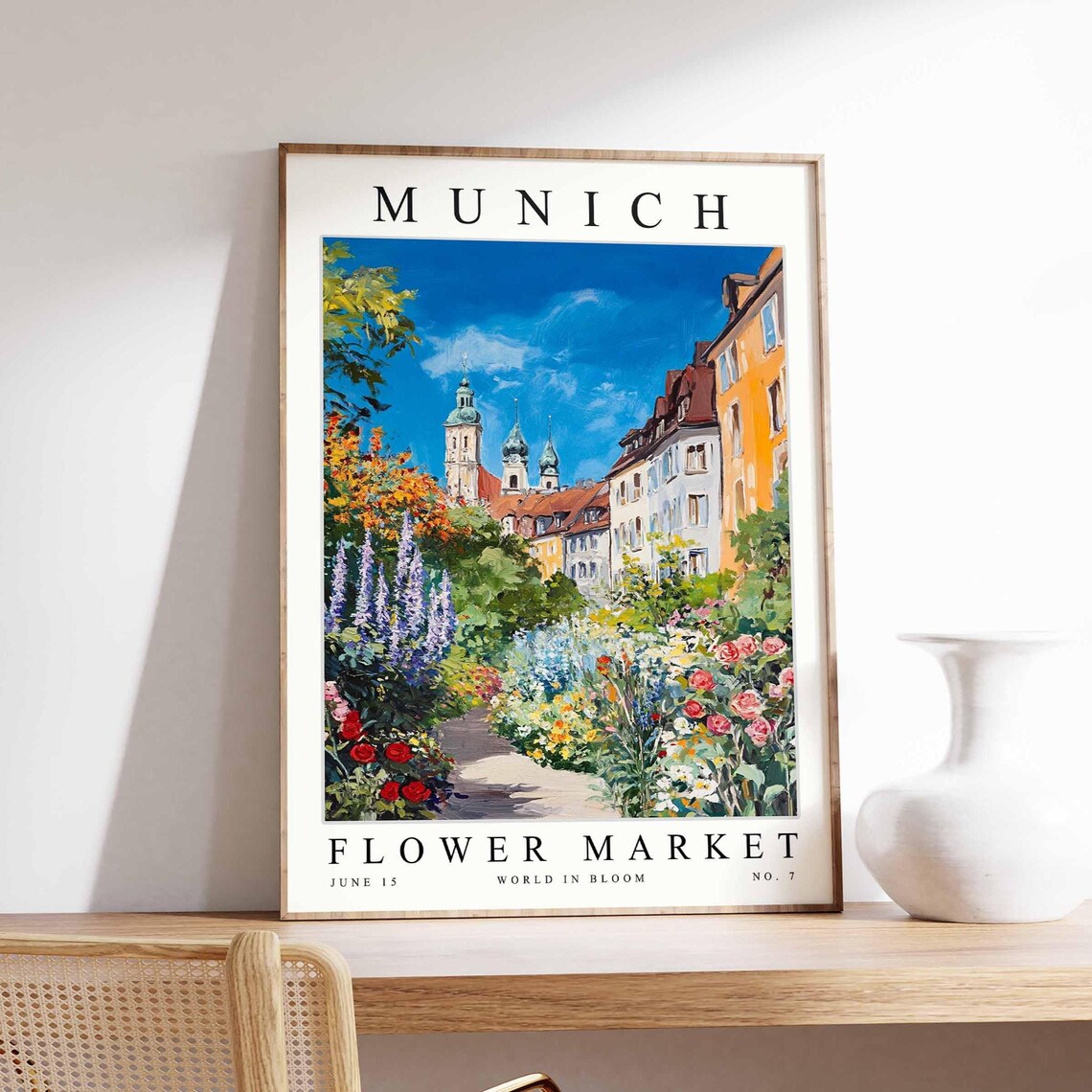 Munich Flower Market Blooming Garden Path Church Towers Poster