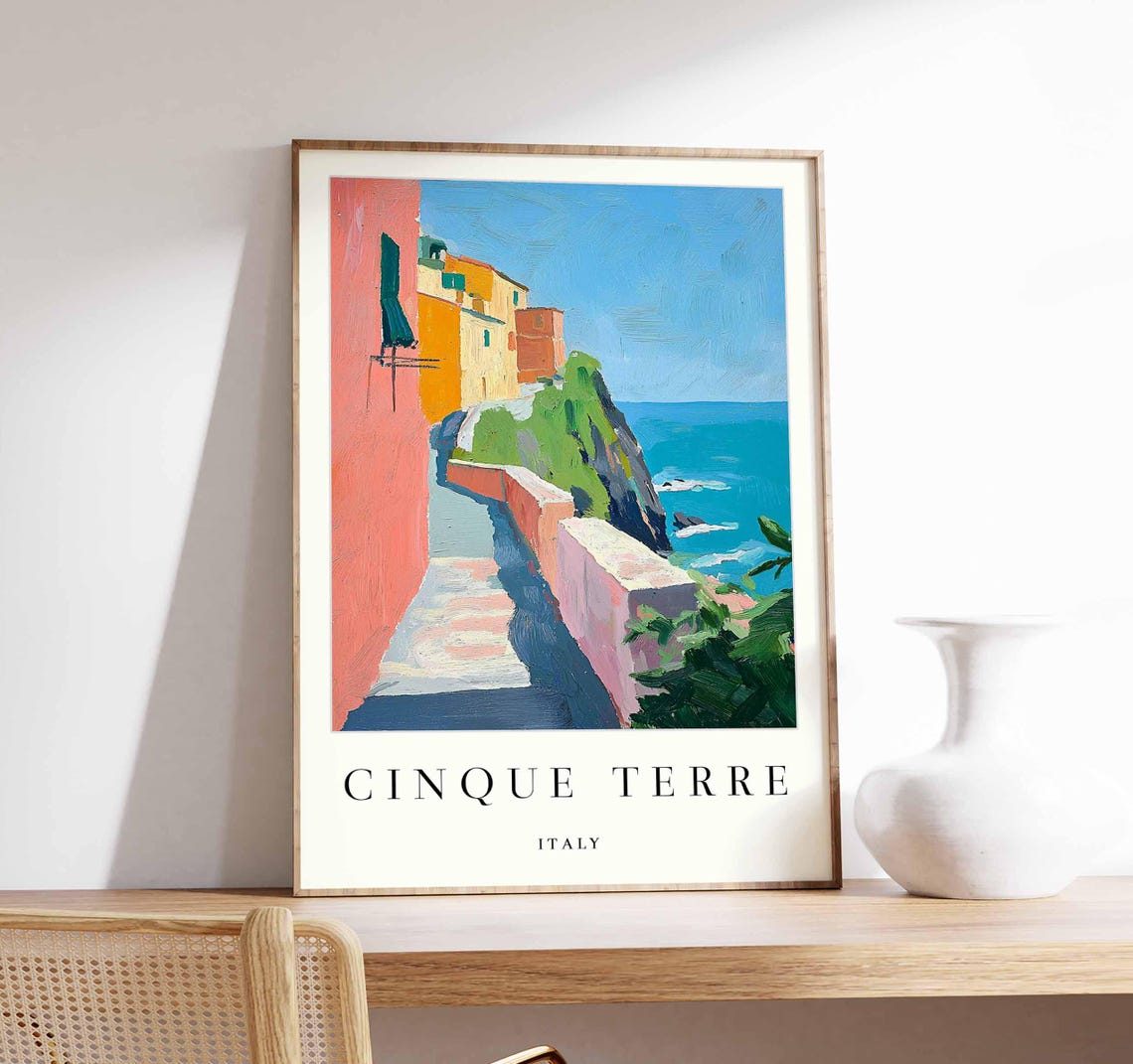 Cinque Terre Cliffside Path Houses Over Sea Painterly Travel Poster