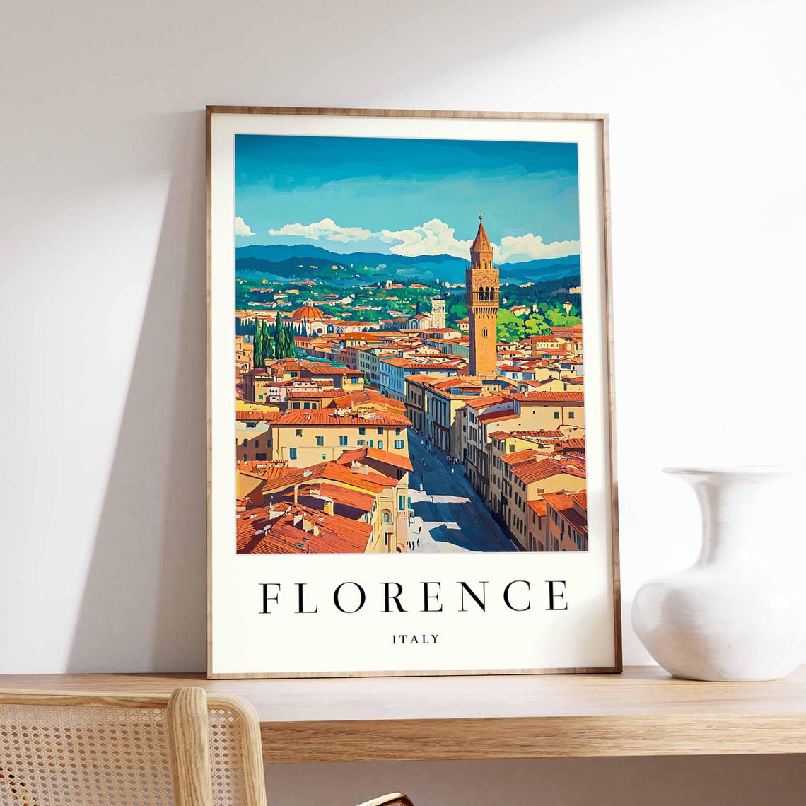 Florence Palazzo Vecchio Aerial View Rooftops Tuscany Travel Poster