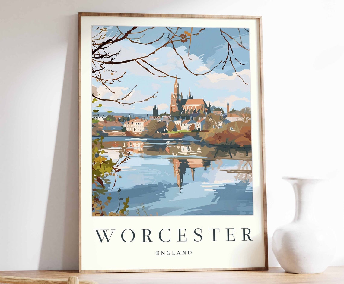 Worcester England Travel Poster Cathedral River Reflection Autumn Art