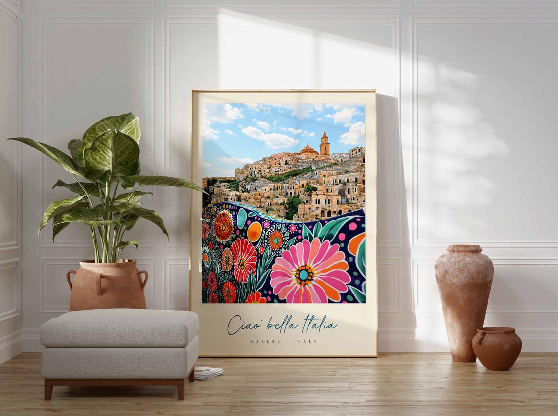 Matera Sassi Folk Floral Border Artwork Italy Travel City Poster - Image 3
