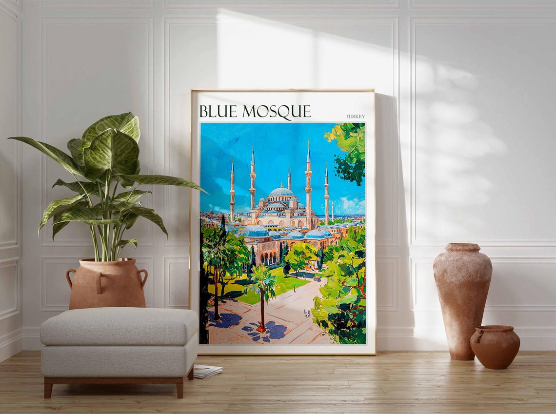 Blue Mosque Istanbul Sunny Park Elevated Midday Painterly Poster - Image 2