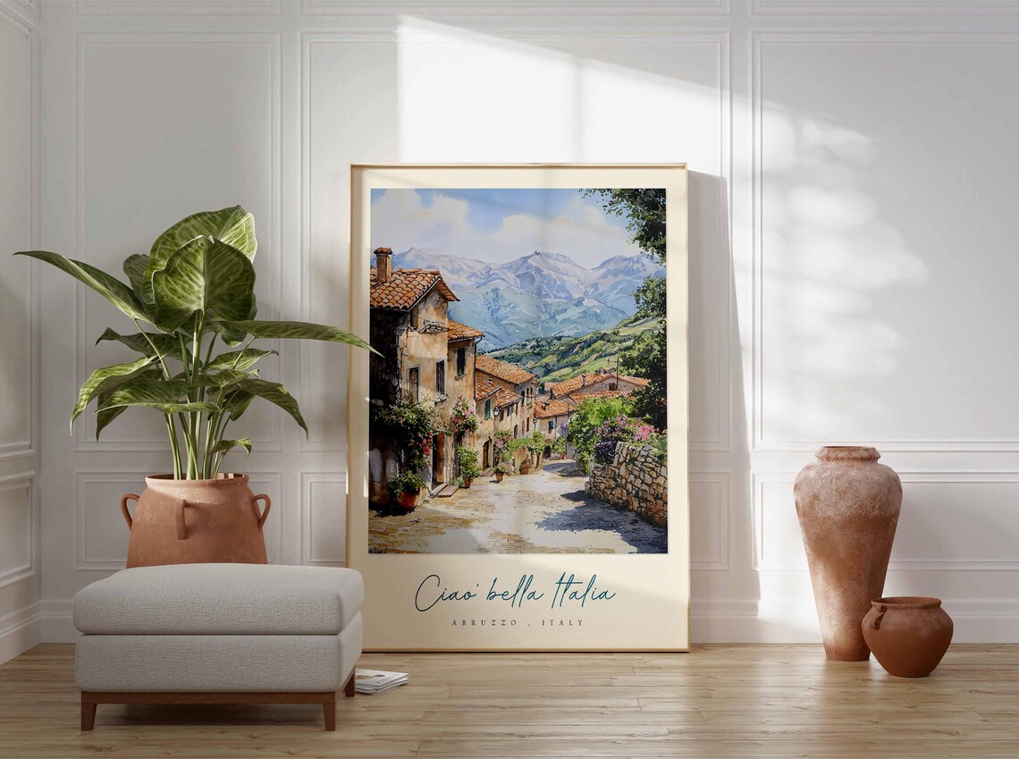 Abruzzo Stone Village Street Terracotta Roofs Mountain Poster - Image 3