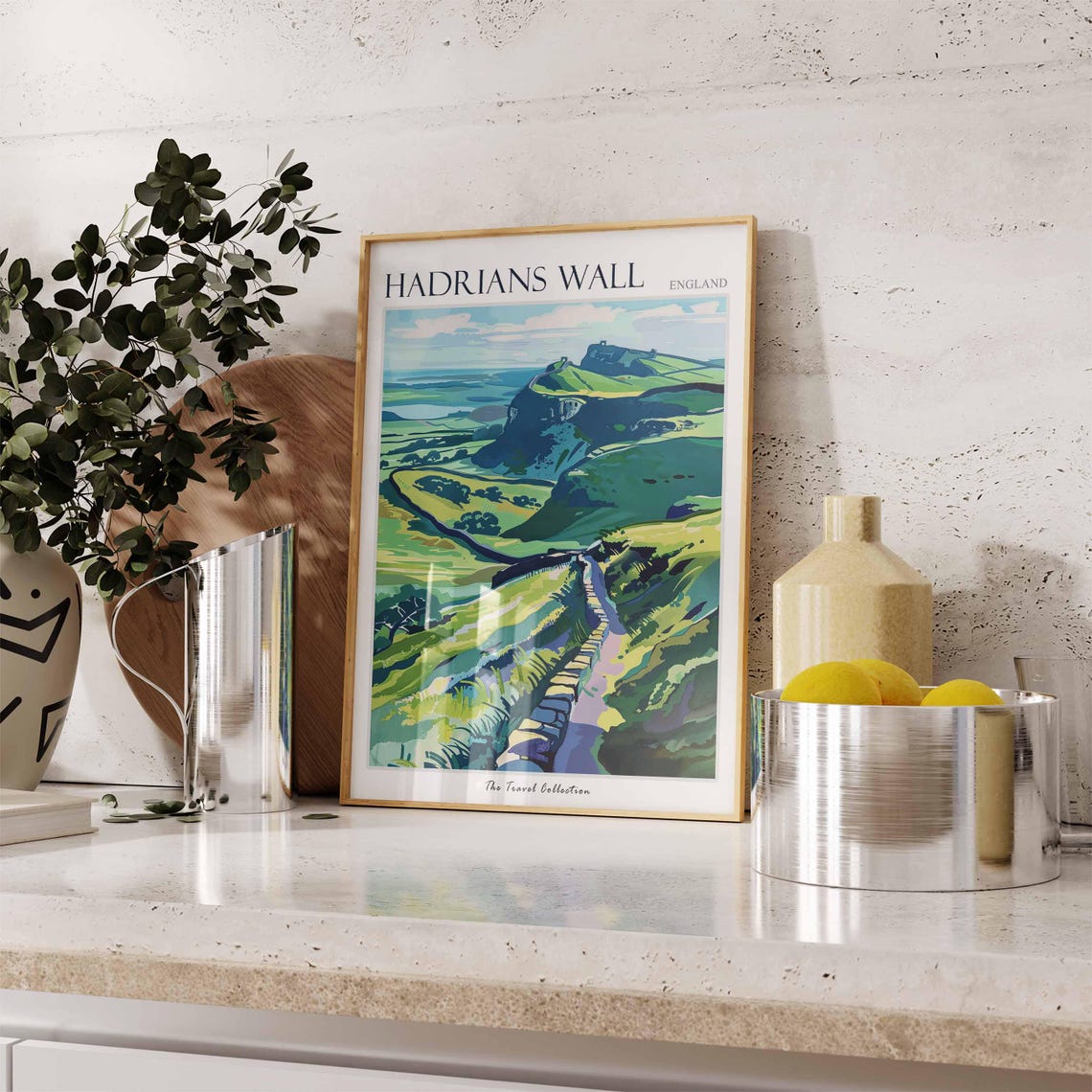 Hadrians Wall England Green Hills Travel Poster Stone Wall Path Art - Image 3