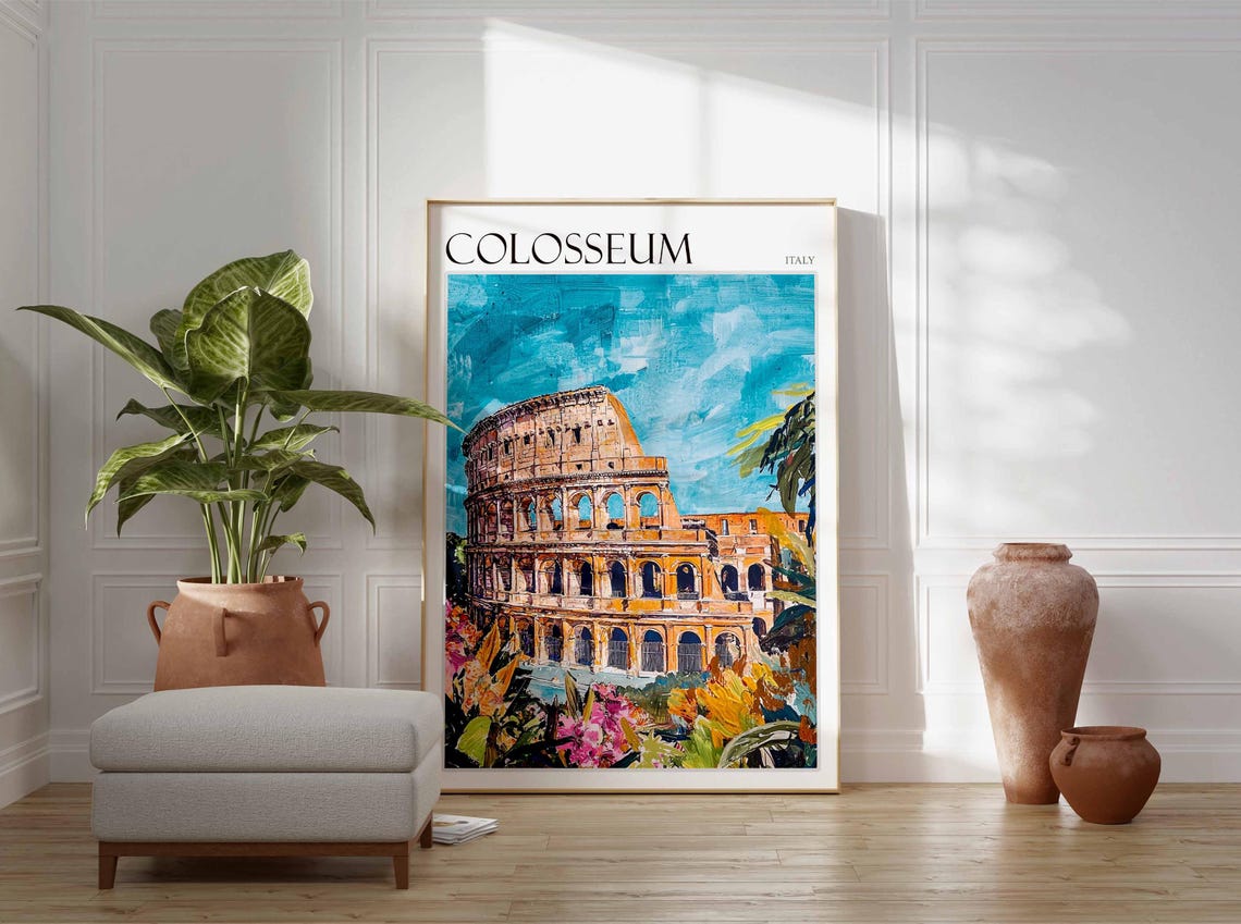 Colosseum Italy Travel Poster Tropical Garden Flowers Teal Sky View - Image 2