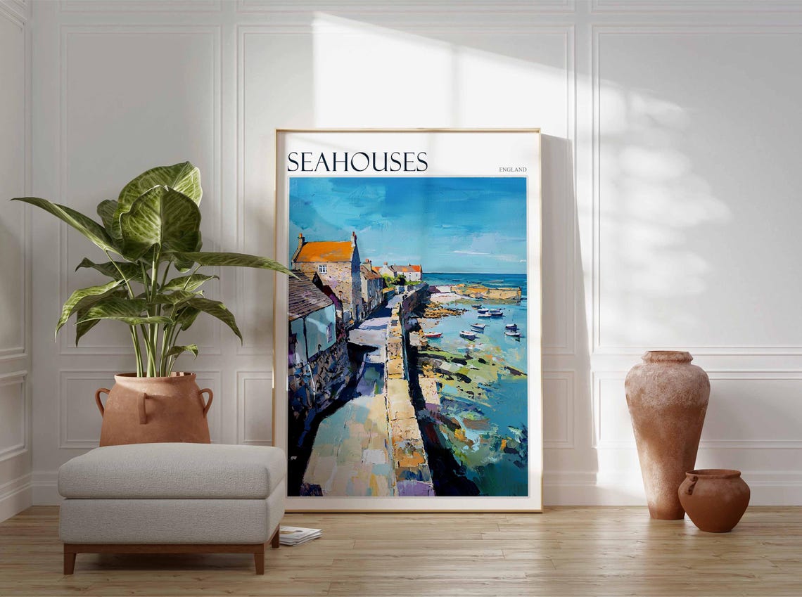 Seahouses Stone Pier Harbour Path Cottages Poster England Seaside - Image 2