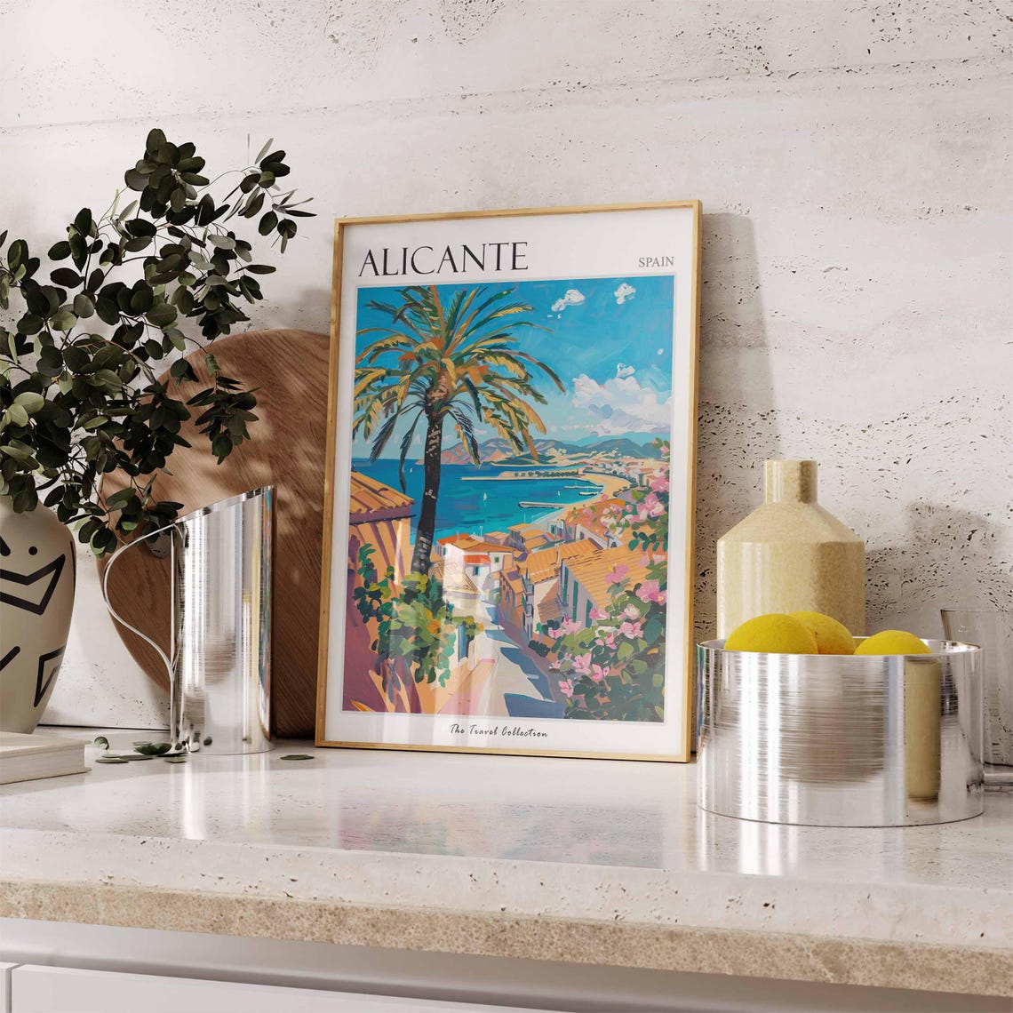 Alicante Spain Palm Tree Bay Overlook Colorful Coast Art Poster - Image 3