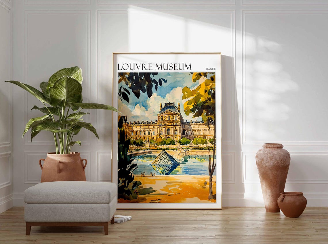 Louvre Museum Glass Pyramid Pond Golden Watercolor Art Poster - Image 3
