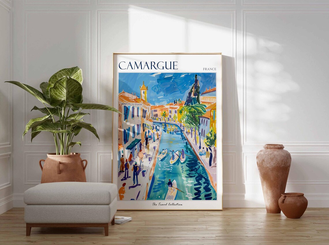 Camargue France Canal with Boats Riverside Town Scene Poster - Image 3