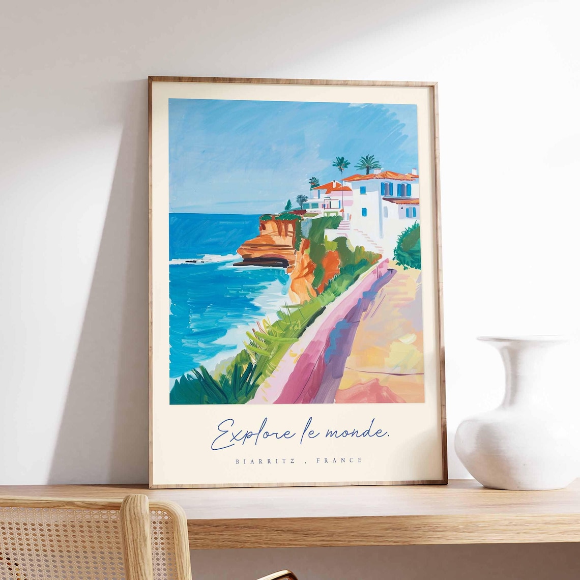 Biarritz France Seaside Villa Cliffs Pastel Painting Travel Poster