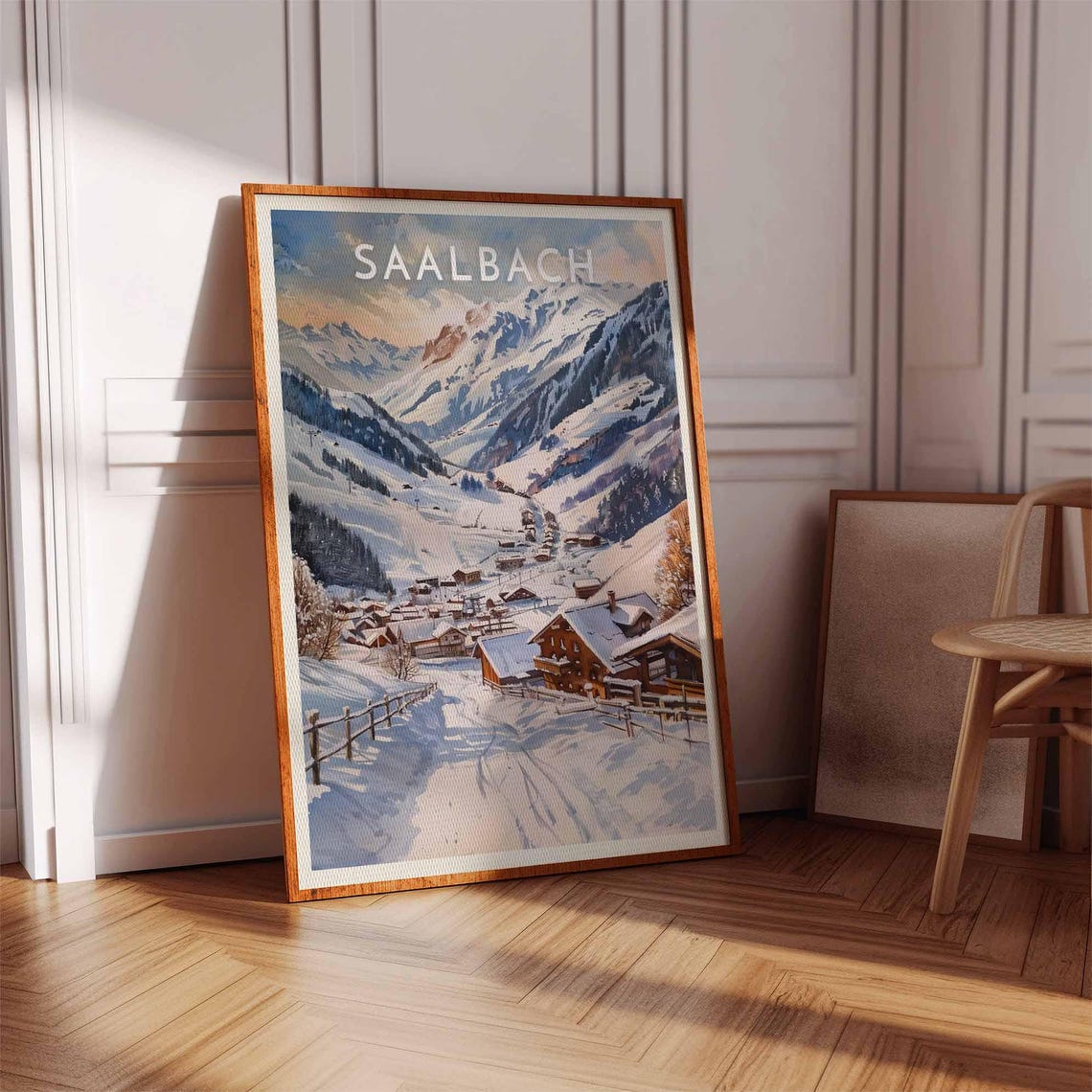 Saalbach Austria Sunset Watercolor Alpine Chalet Slopes Poster - Image 3