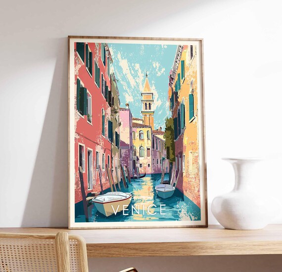 Venice Narrow Canal Italy Colorful Houses Bell Tower Boats Travel Poster