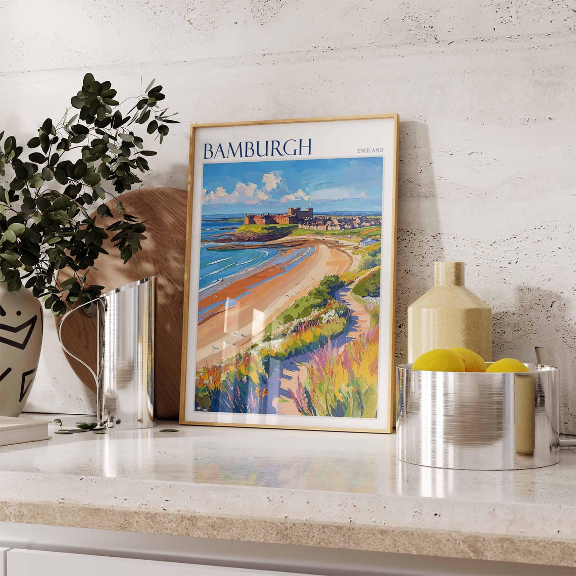 Bamburgh England Castle Beach Wildflowers Art Travel Collection Poster - Image 2