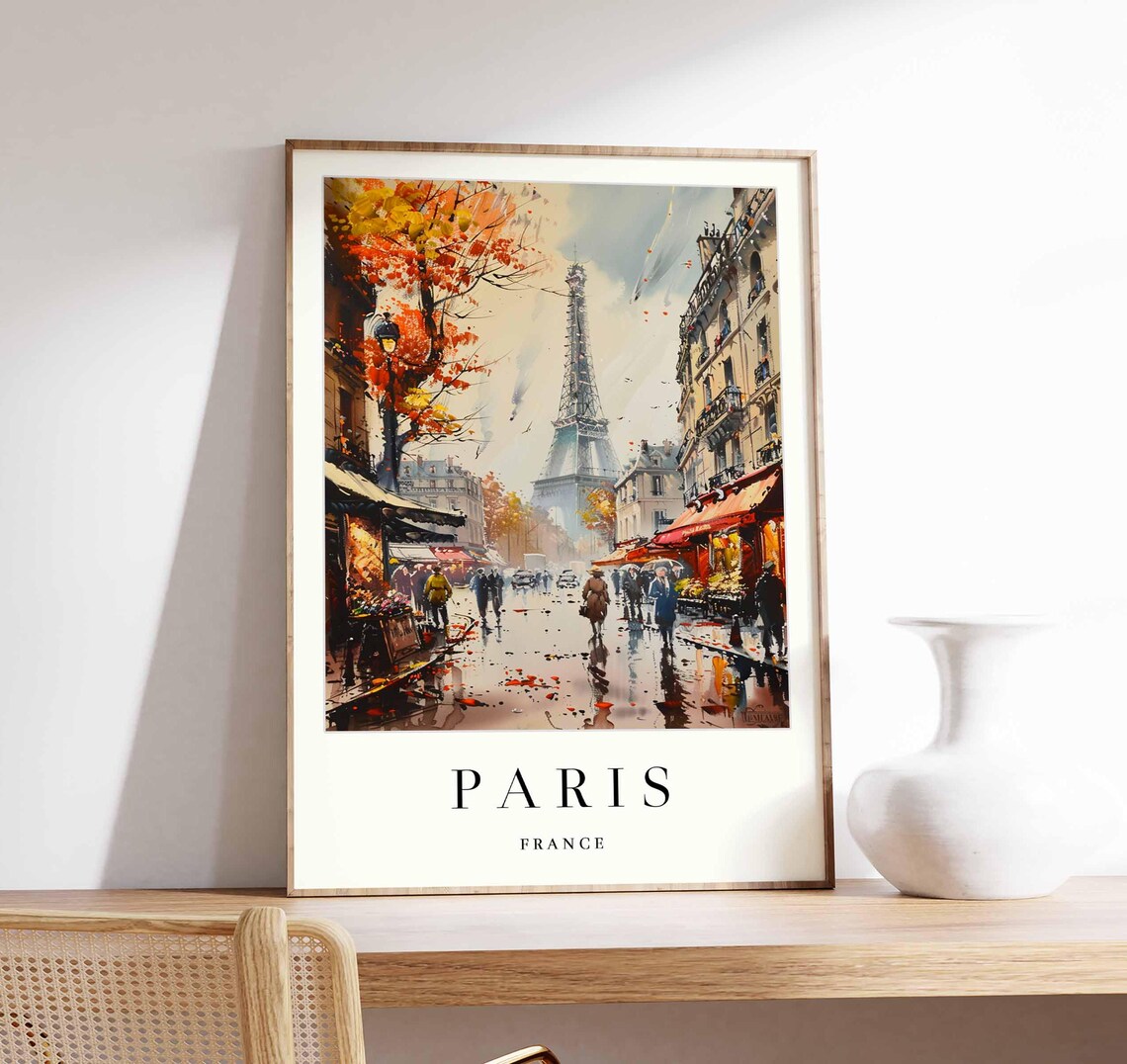 Paris France Eiffel Tower Autumn Rain Watercolor Travel Poster