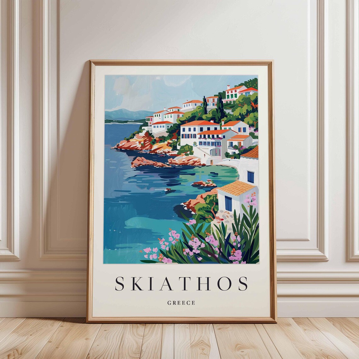 Skiathos Greece Cypress Topped Bay Town with Fishing Boats Poster - Image 3