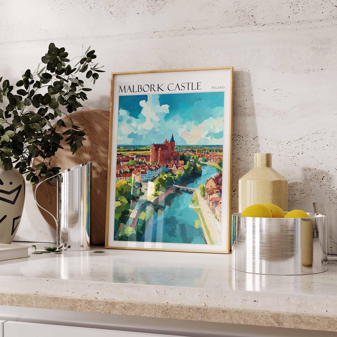 Malbork Castle Poland Riverside Aerial View Oil Painting Travel Poster - Image 2