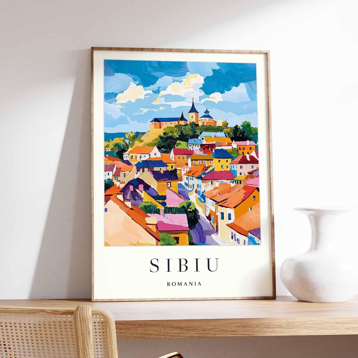 Sibiu Romania Hilltop Church Colorful Old Town Panorama Poster