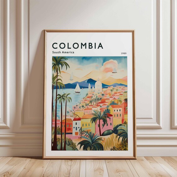 Colombia 1989 Vintage Travel Poster South American Coastal City Scene