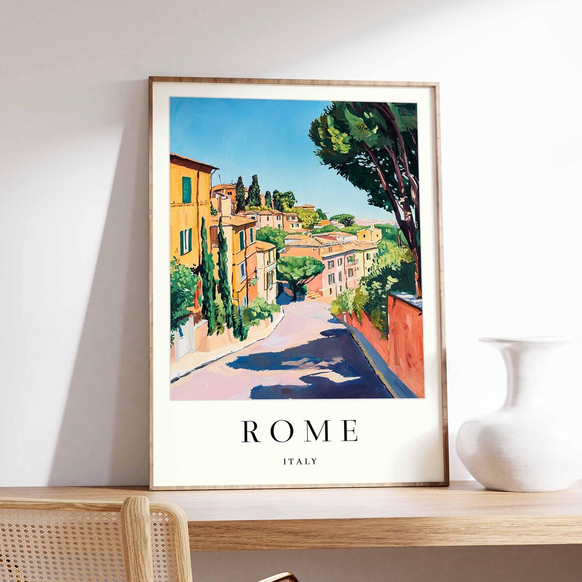 Rome Italy Golden Sunlit Road With Deep Blue Cypress Shadows Travel Poster