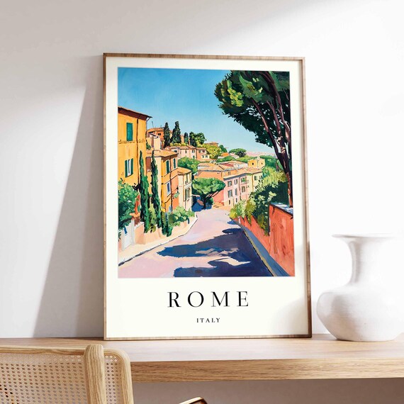 Rome Italy Golden Sunlit Road With Deep Blue Cypress Shadows Travel Poster