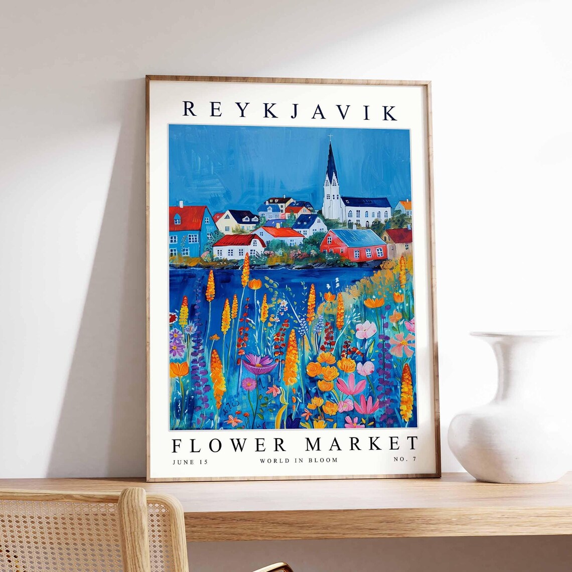 Reykjavik Church Spire Colorful Houses Lupines Travel Poster