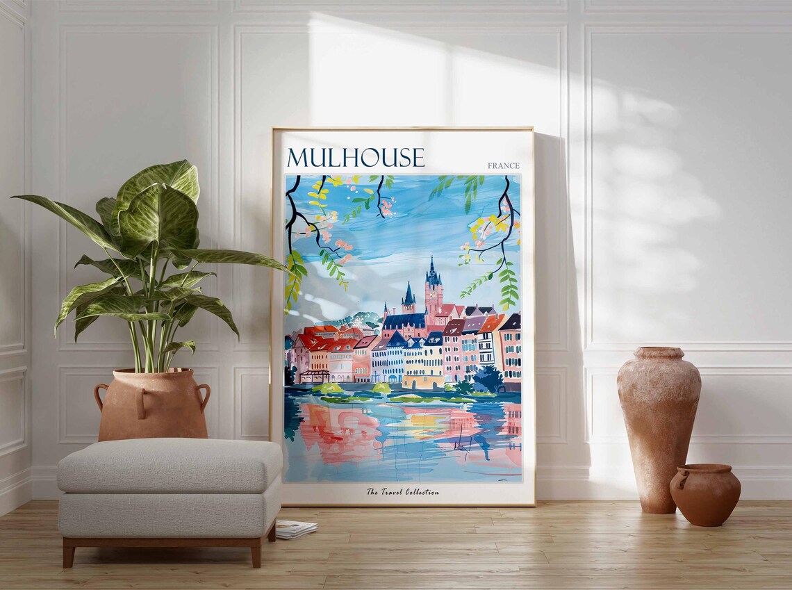 Mulhouse France Watercolor Riverside Cityscape Blossom Painted Poster - Image 3