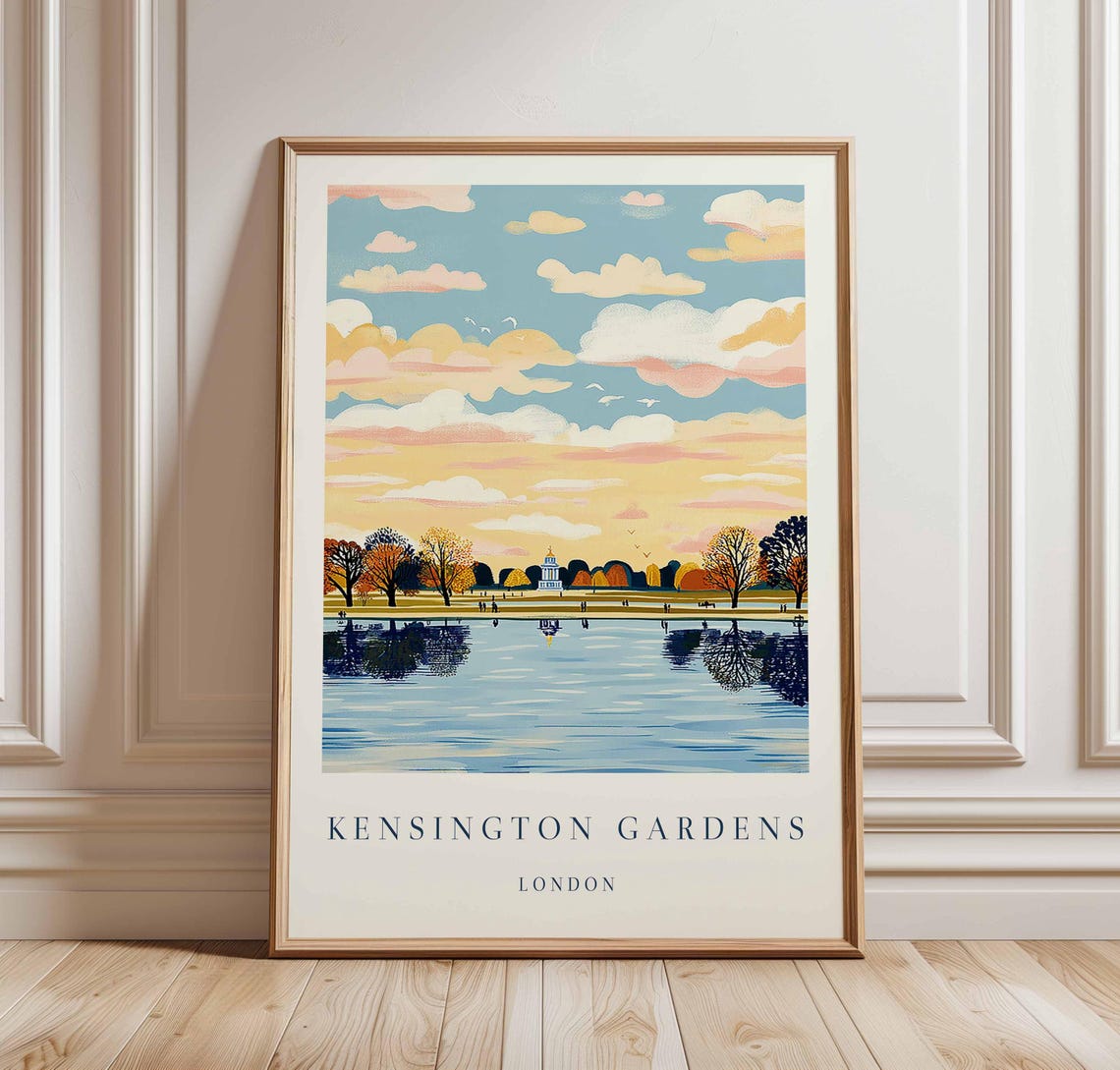 Kensington Gardens London Sunset Sky Clouds Lake Travel Poster