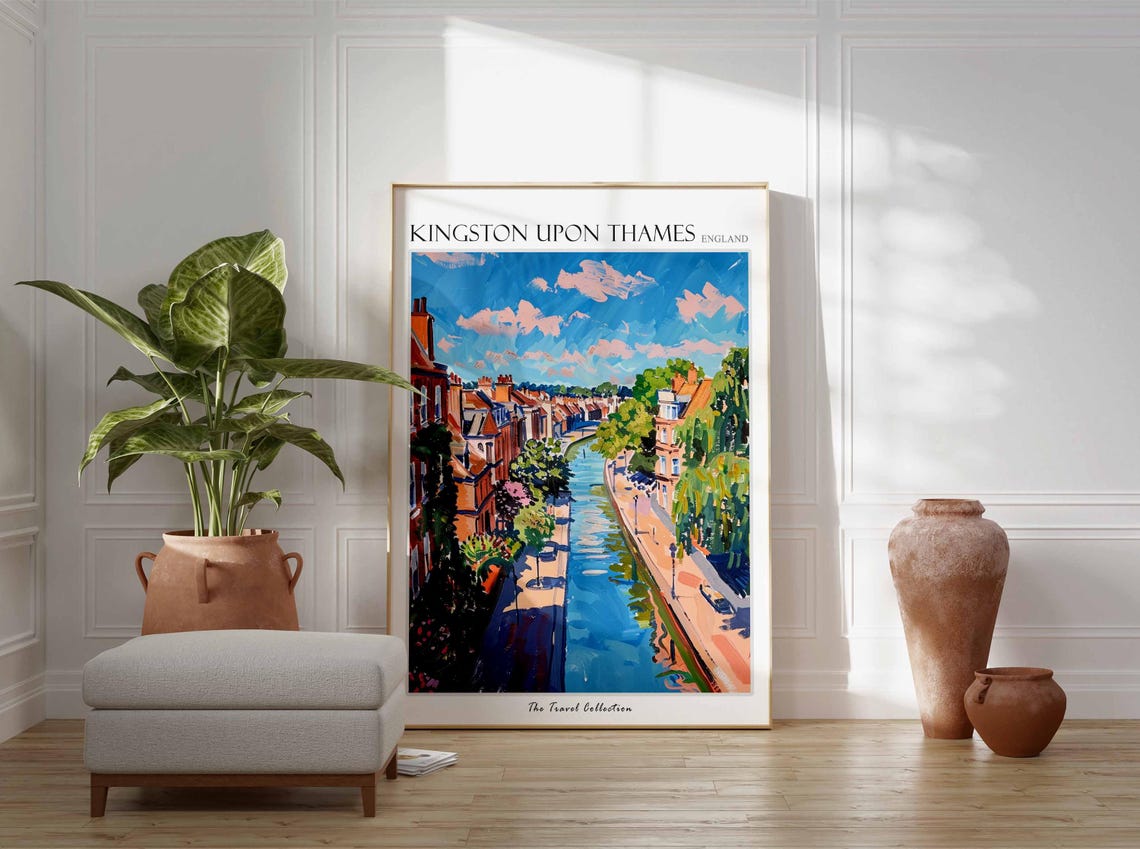 Kingston Upon Thames England River Street Scene Pink Sky Travel Poster - Image 2
