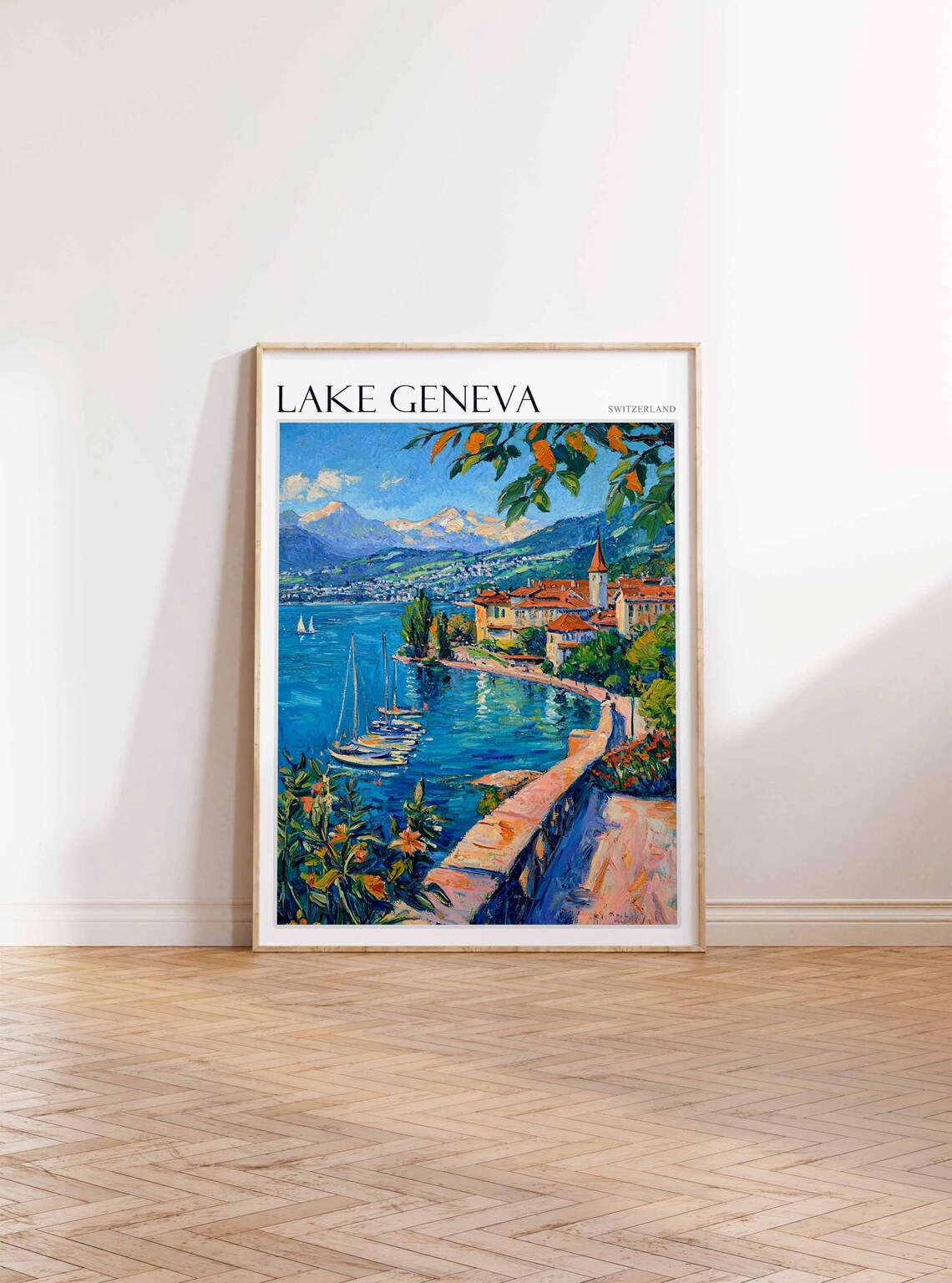 Lake Geneva Switzerland Colorful Lakeside Sailboats Travel Poster - Image 3