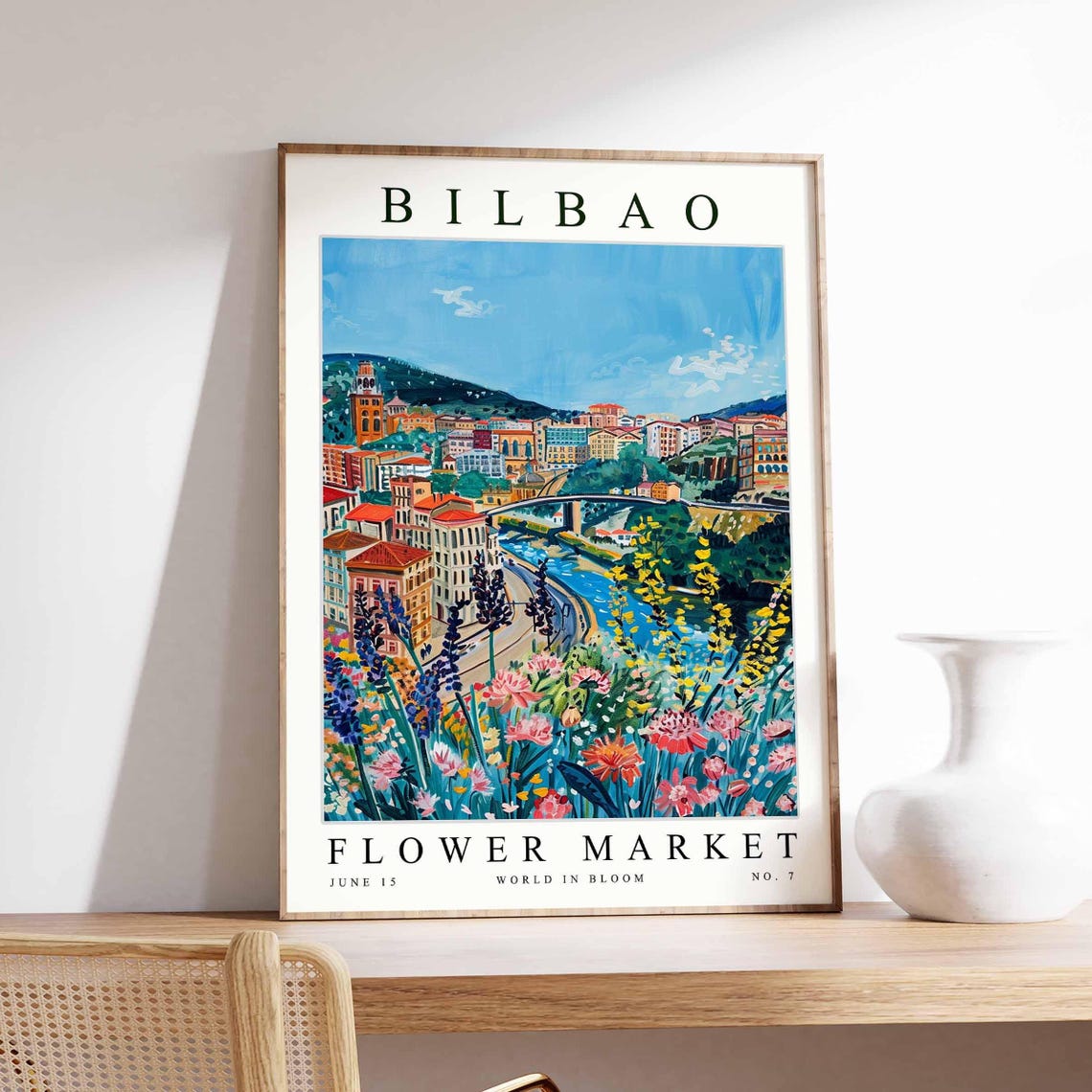 Bilbao Flower Market River Bend Blue Pink Yellow Wildflower Poster