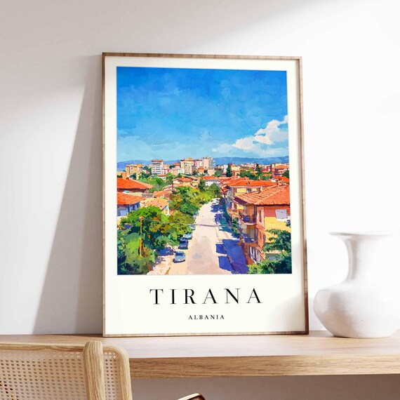 Tirana Albania Sunlit City Street With Red Rooftops Travel Poster