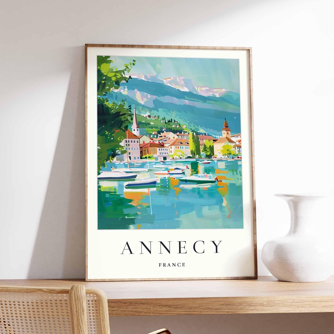 Annecy France Turquoise Lake Boats Alpine View Travel Poster