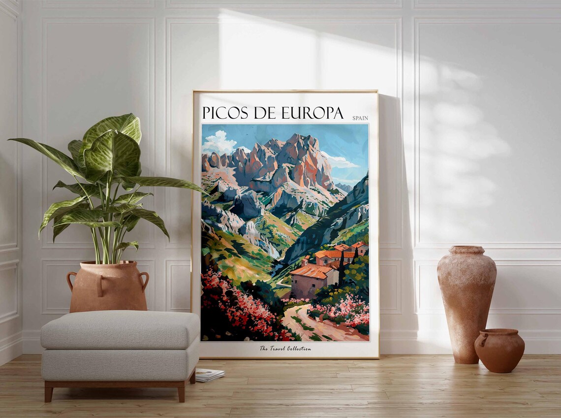 Picos De Europa Spain Rocky Peak Farmhouse Blossom Travel Poster - Image 3