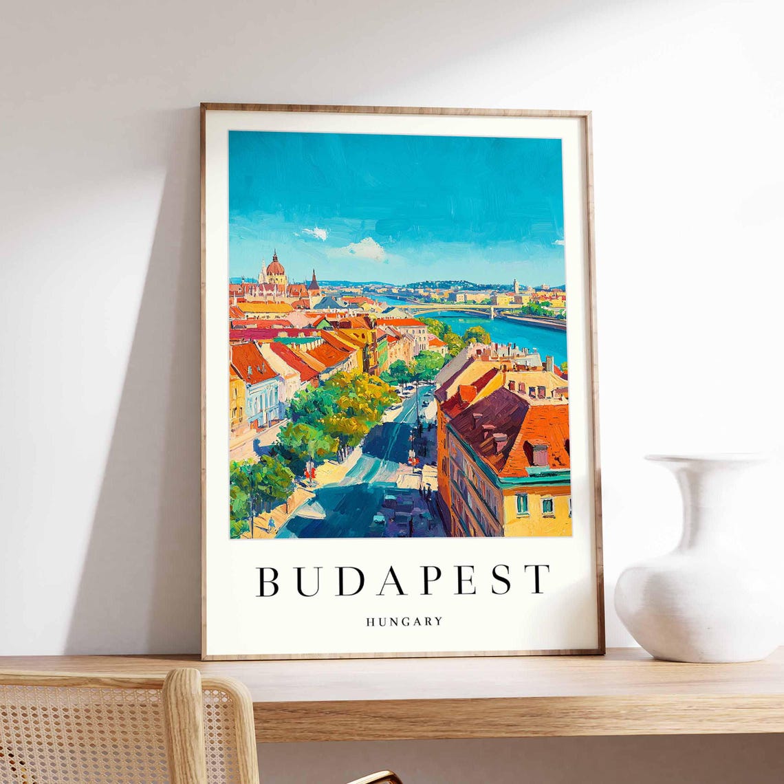 Budapest Hungary Old Town Street Danube Parliament View Travel Poster