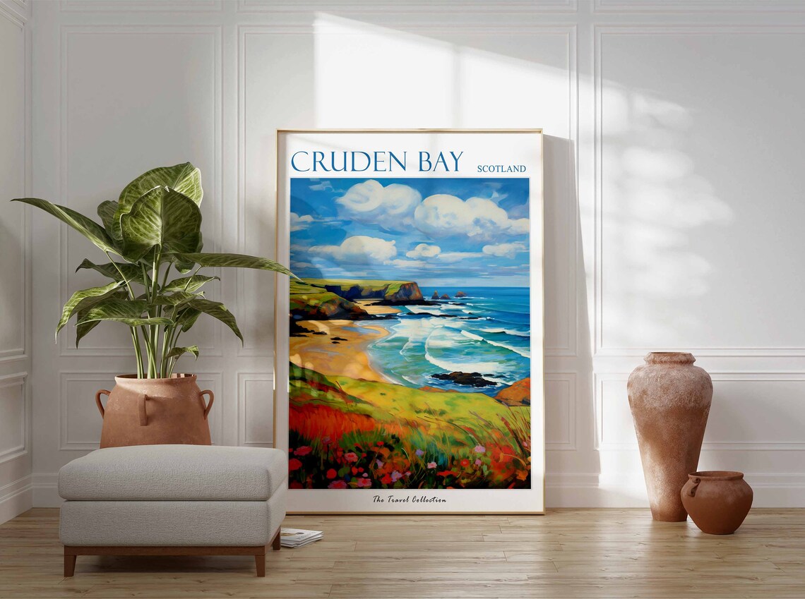 Cruden Bay Scotland Golden Beach Cliffs Wildflowers Travel Poster - Image 3