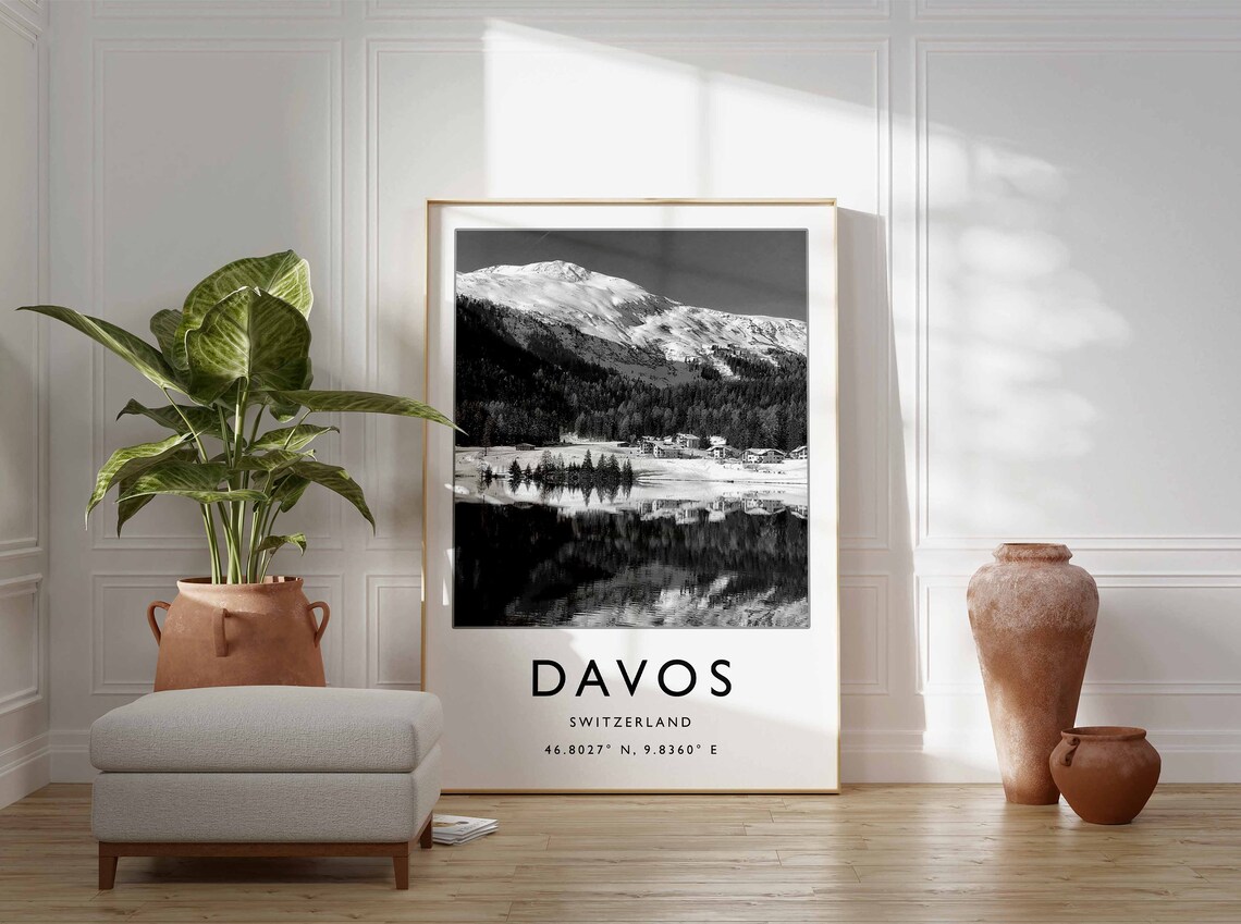 Davos Switzerland Snowy Mountain Lake Black White Travel Poster - Image 3