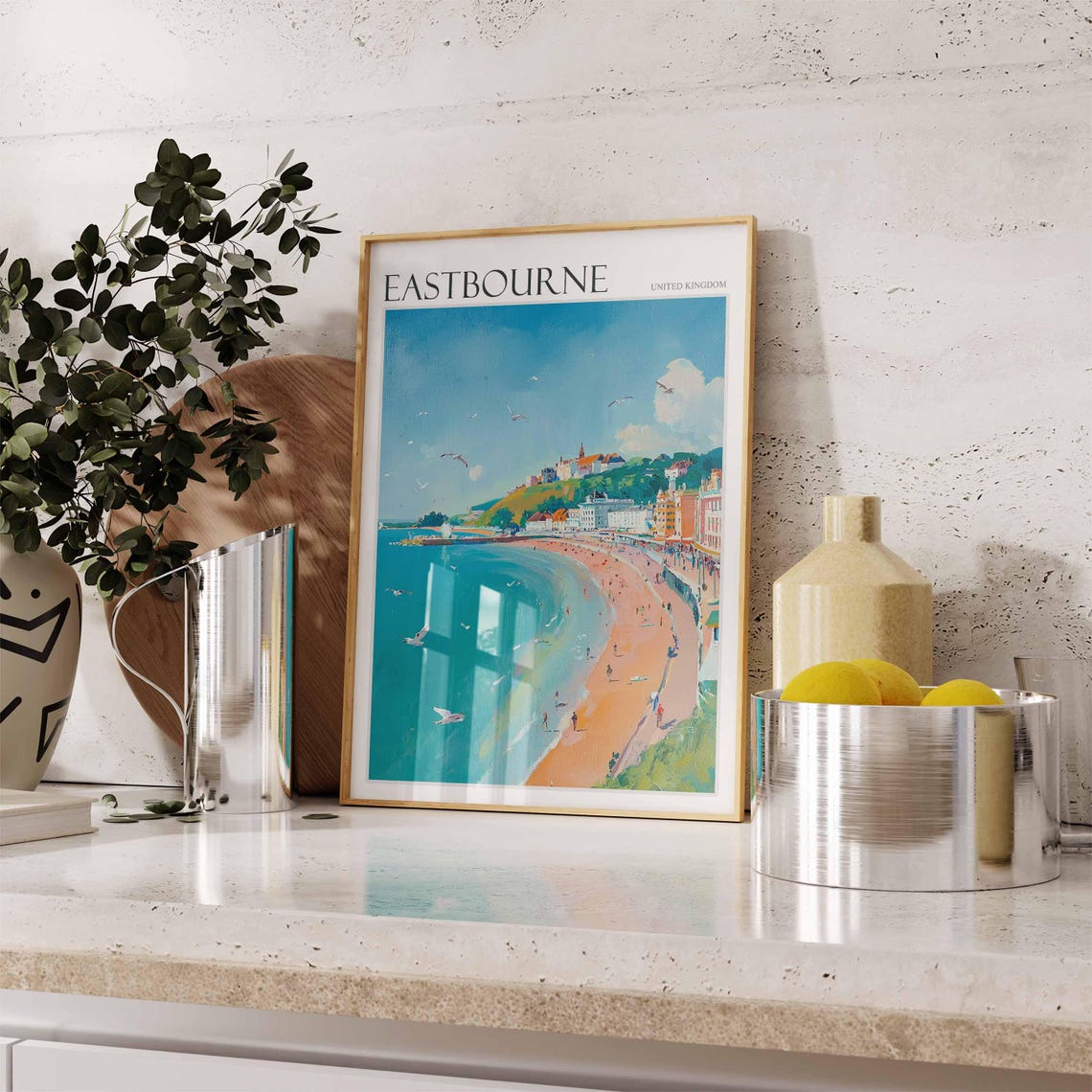 Eastbourne Seagulls Over Crowded Beach Hillside Town Painting Poster - Image 2