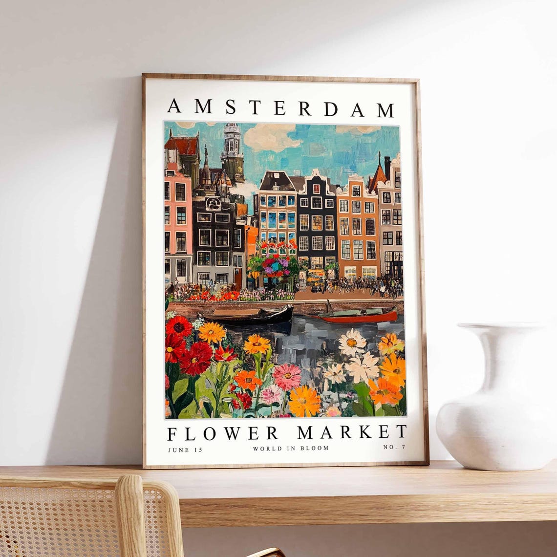 Amsterdam Flower Market Canal Houses Colorful Floral Art Poster