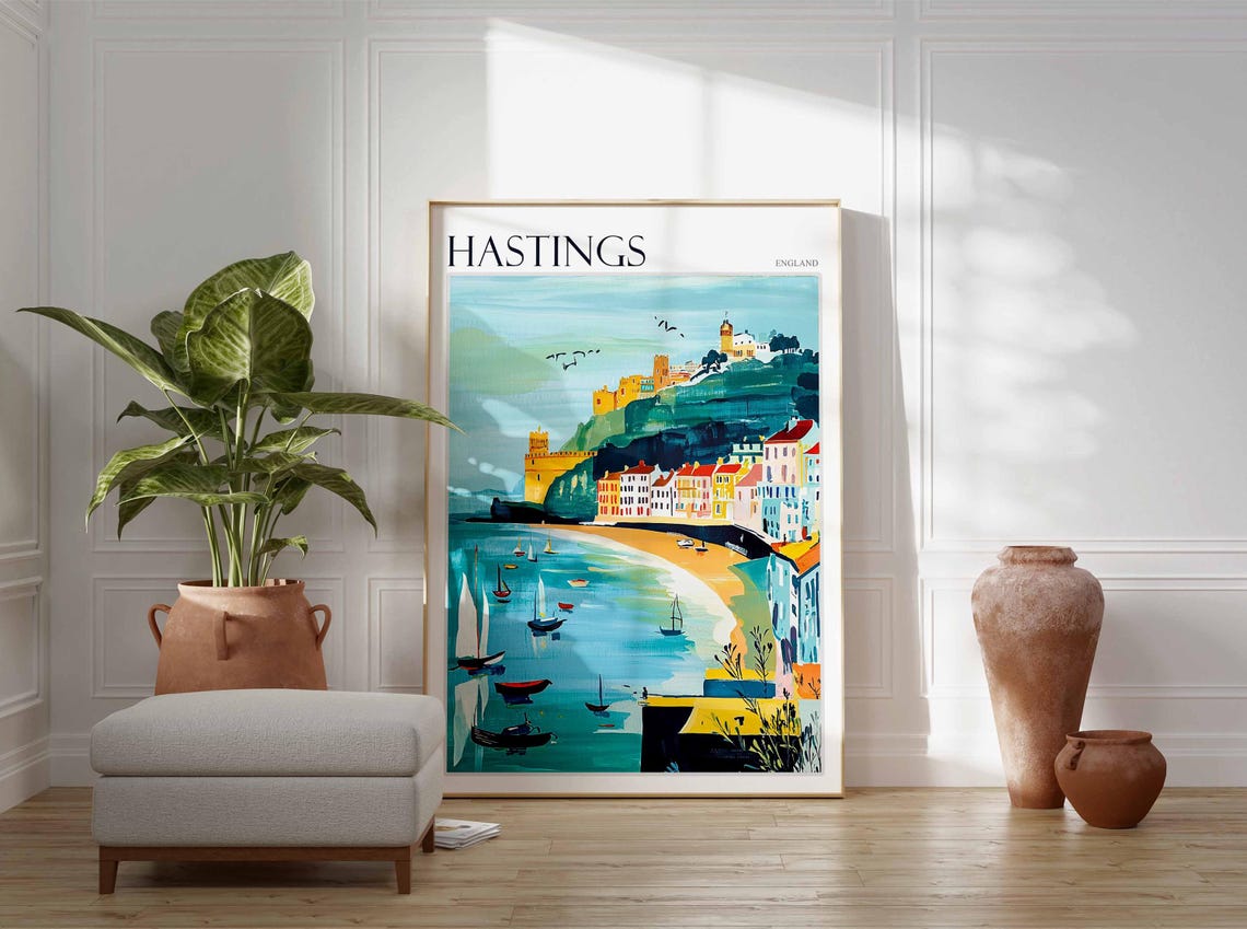 Hastings England Harbor Sailboats Pastel Beach Houses Poster - Image 3