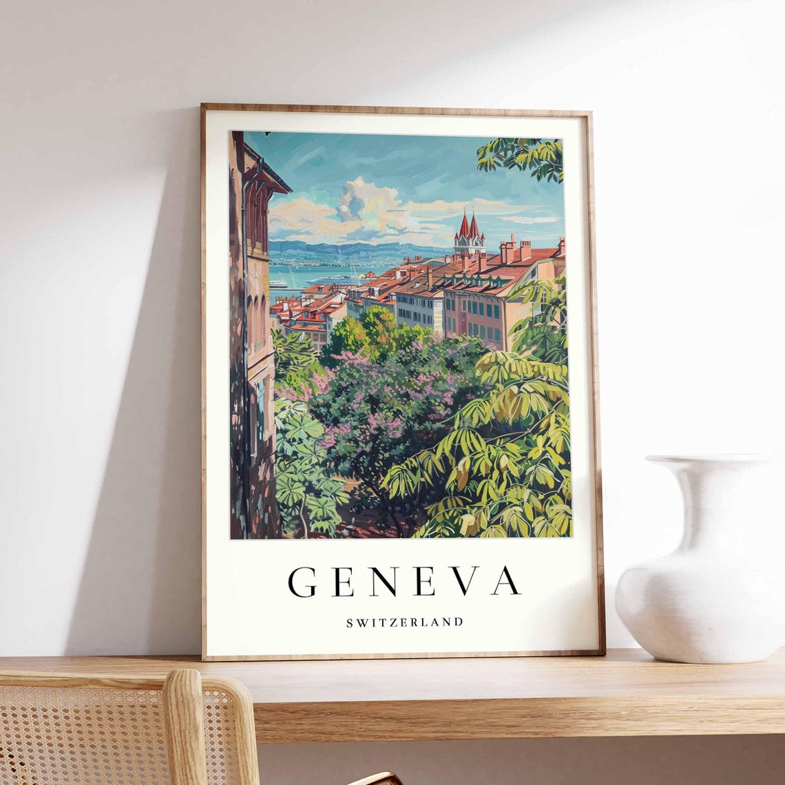 Geneva Cathedral Spires Old Town Rooftops Through Trees Travel Poster