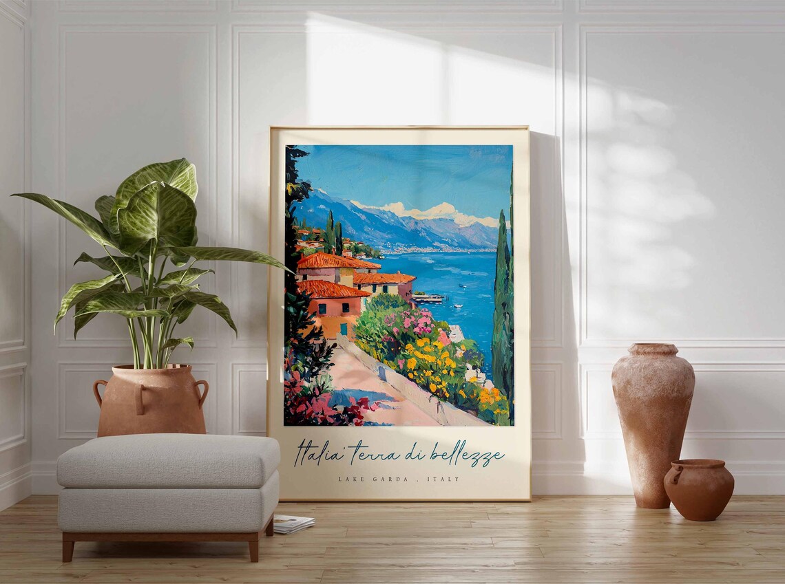 Lake Garda Italy Garden Walk Red Roof Villas Cypress Lake Scene Poster - Image 3