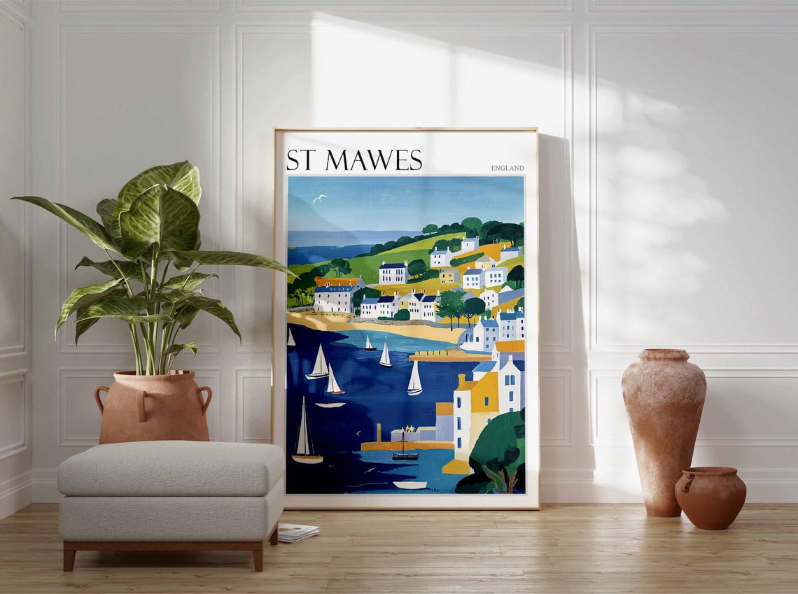 St Mawes England Rolling Green Hills and Sailboats on the Bay Poster - Image 2