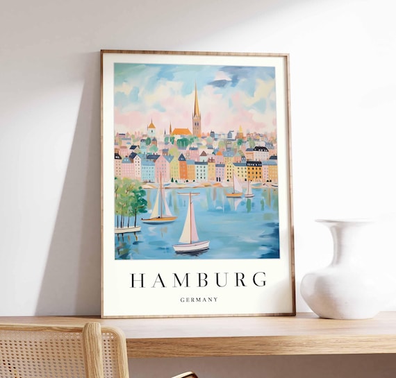 Hamburg Germany Pastel Waterfront Sailboats Spire Travel Poster