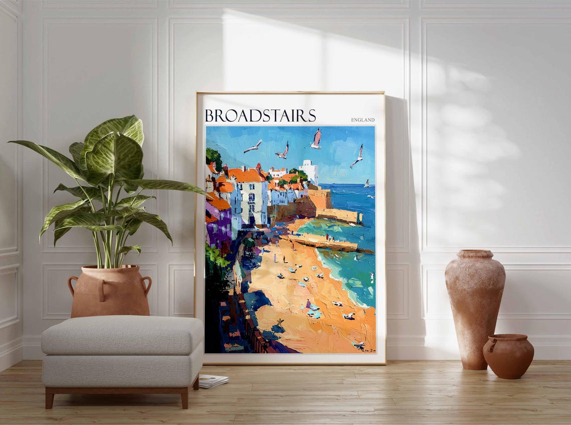 Broadstairs Kent Seagulls Over Beach Cottages Impasto Oil Art Poster - Image 3