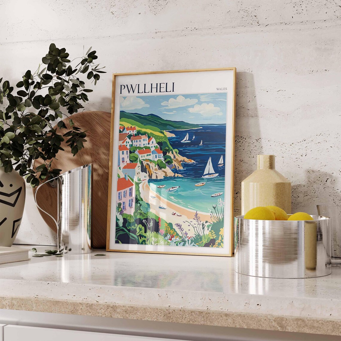 Pwllheli Wales Red Roof Village Sailboats Sandy Cove Art Poster - Image 3