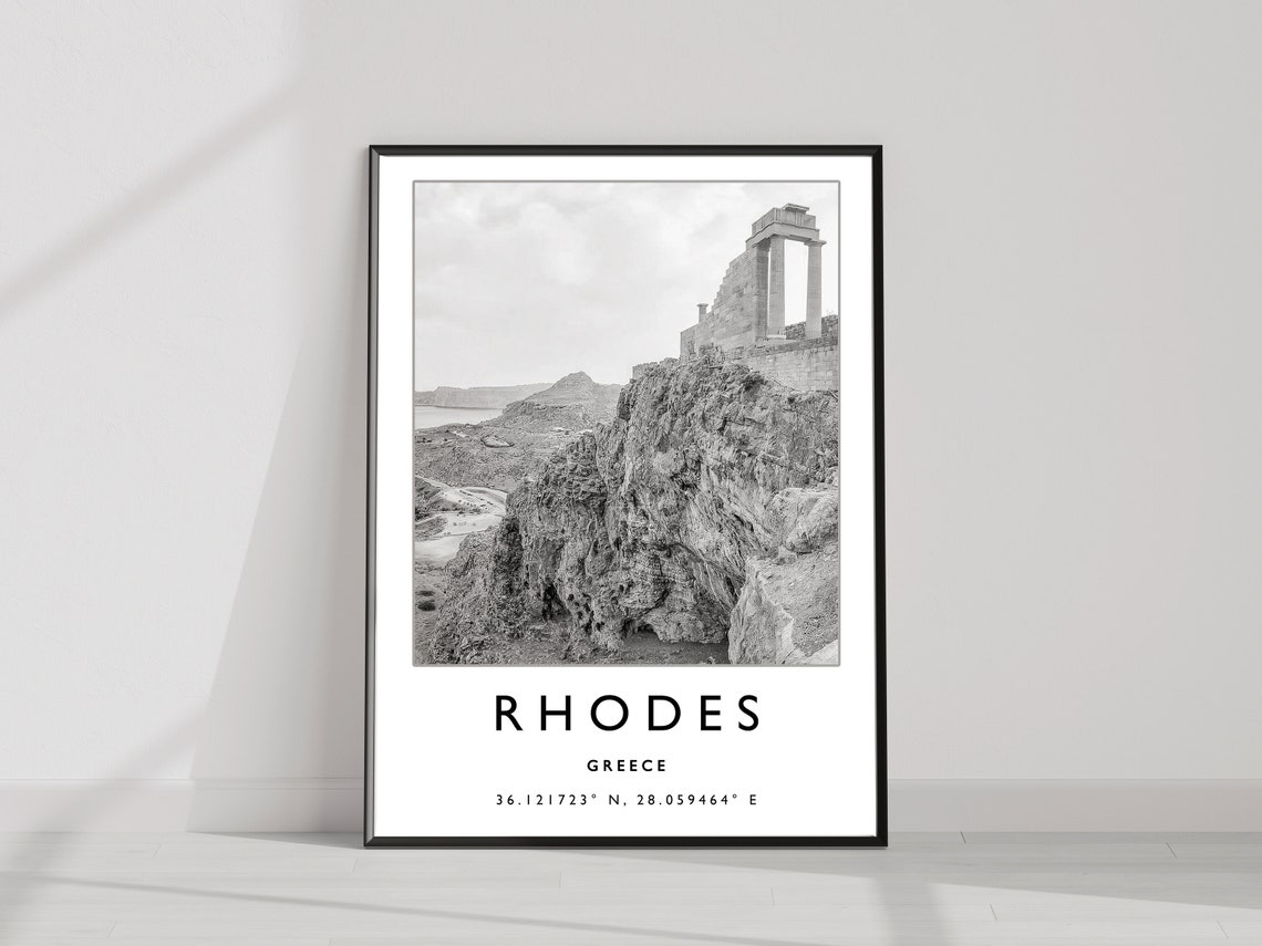 Rhodes Greece Black and White Poster Ancient Ruins Cliff Coast Scene - Image 2