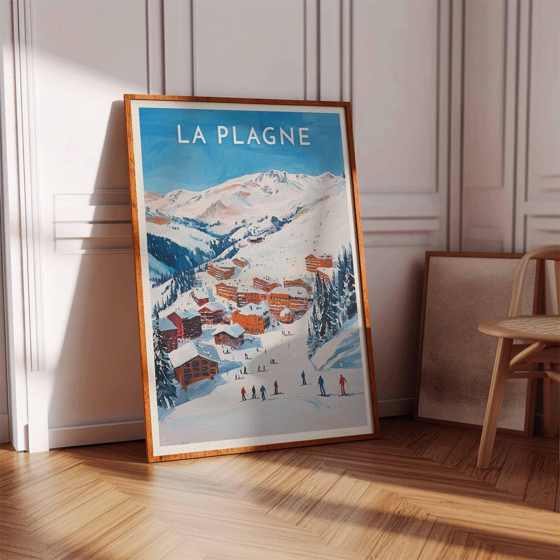 La Plagne French Alps Resort Poster with Skiers and Orange Chalets - Image 2