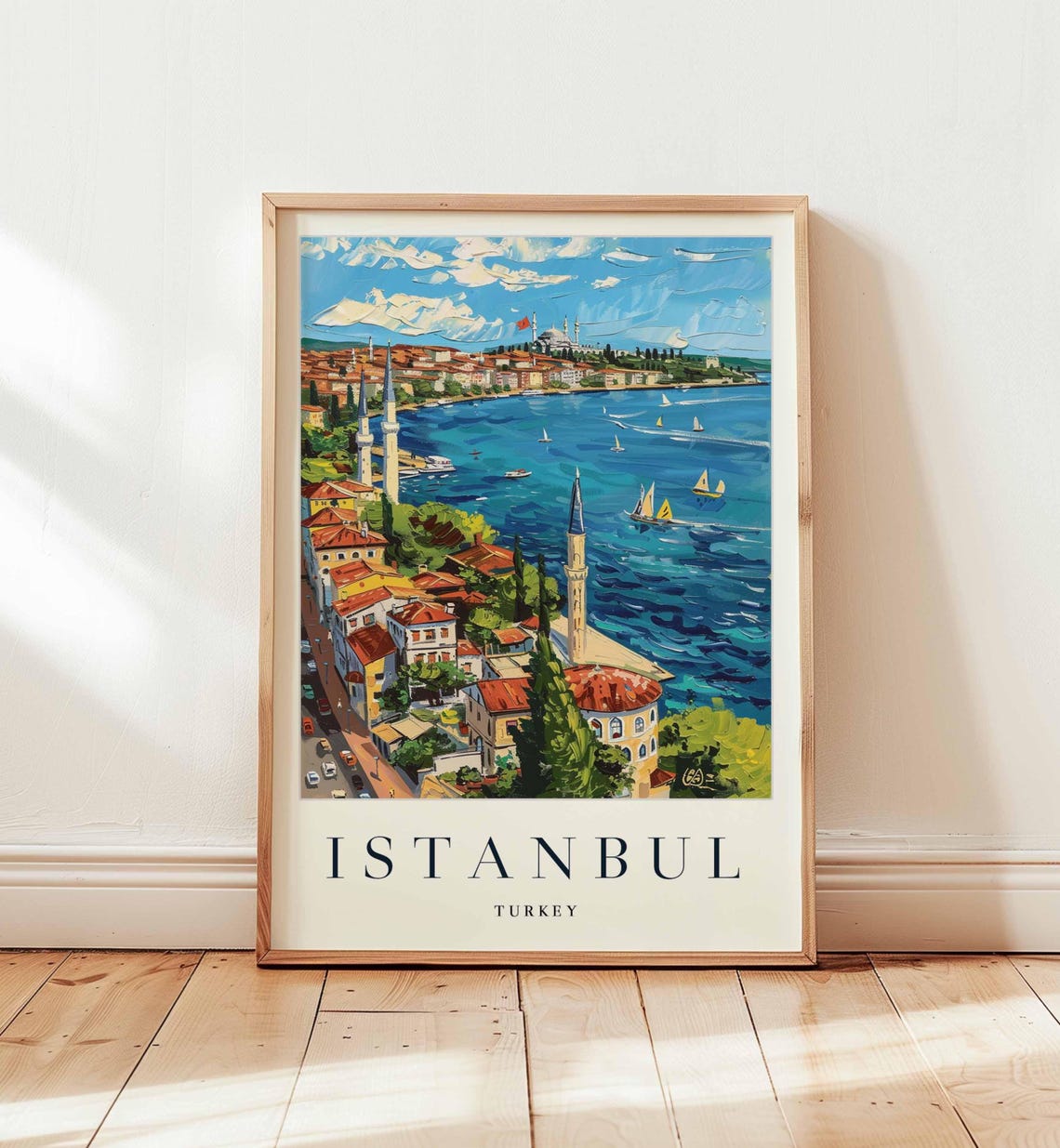 Istanbul Turkey Bosphorus Sailboats Coastal White Minarets Poster