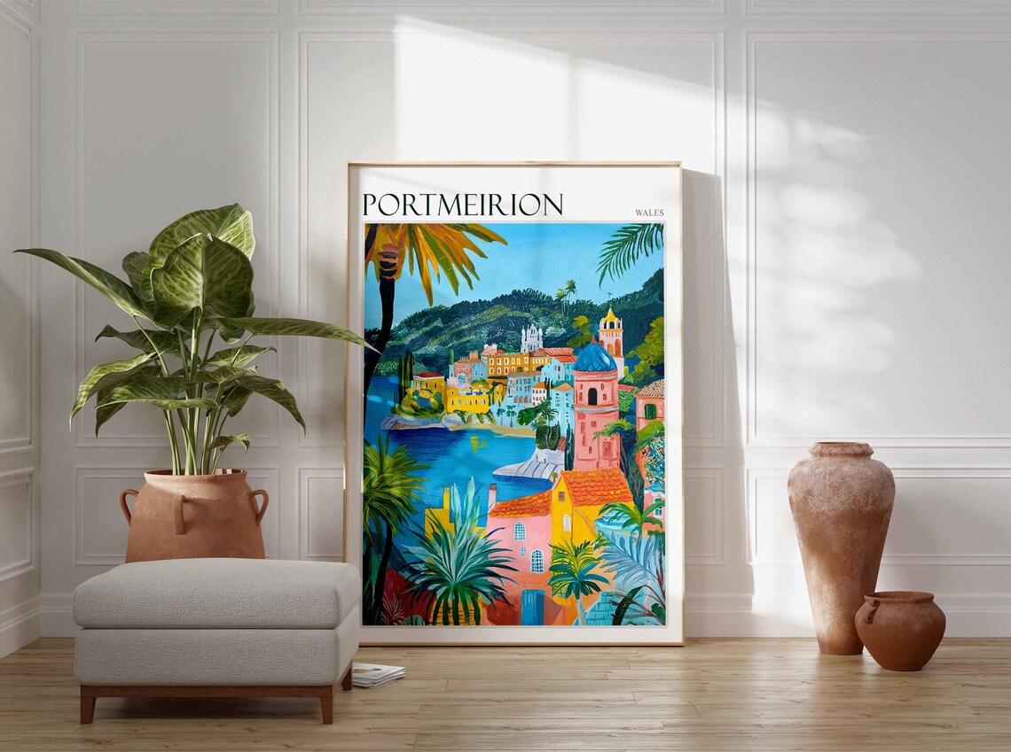 Portmeirion Wales Bay View Pink Tower Blue Dome Palms Art Poster - Image 4