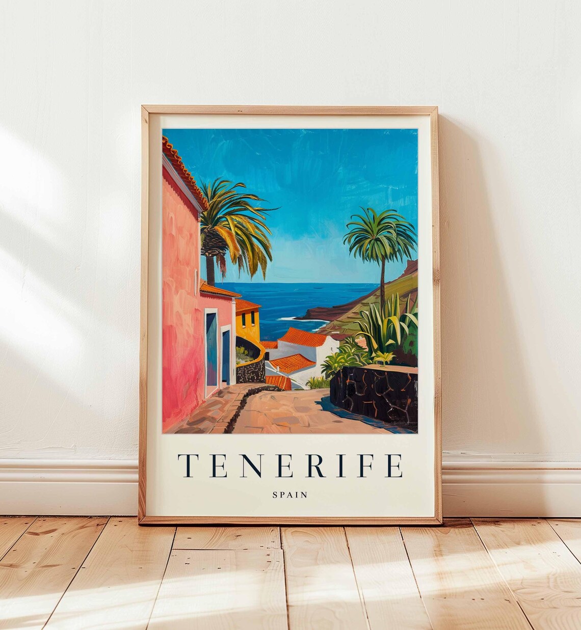 Tenerife Spain Travel Poster Charming Street And Blue Ocean View